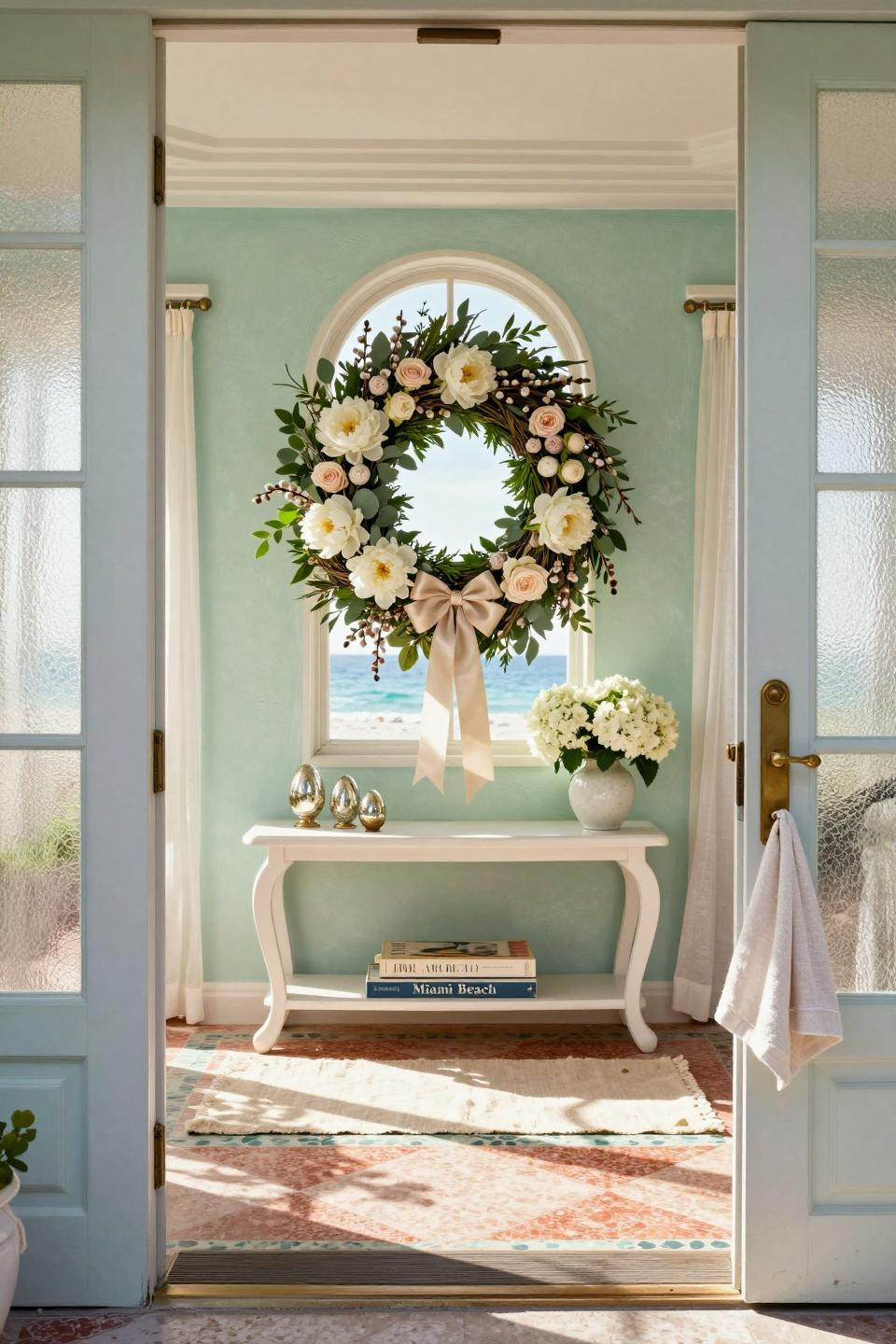 Easter wreaths for front door with white peonies and eucalyptus on vintage brass porthole door