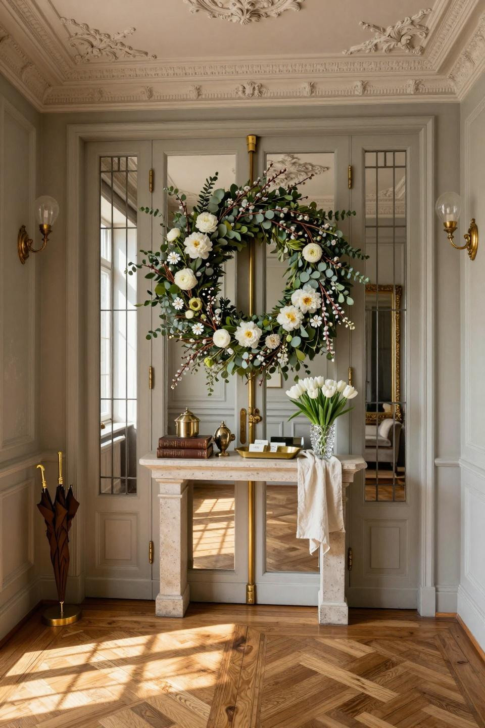 Easter wreaths for front door featuring white peonies and pussy willow on beveled glass French doors
