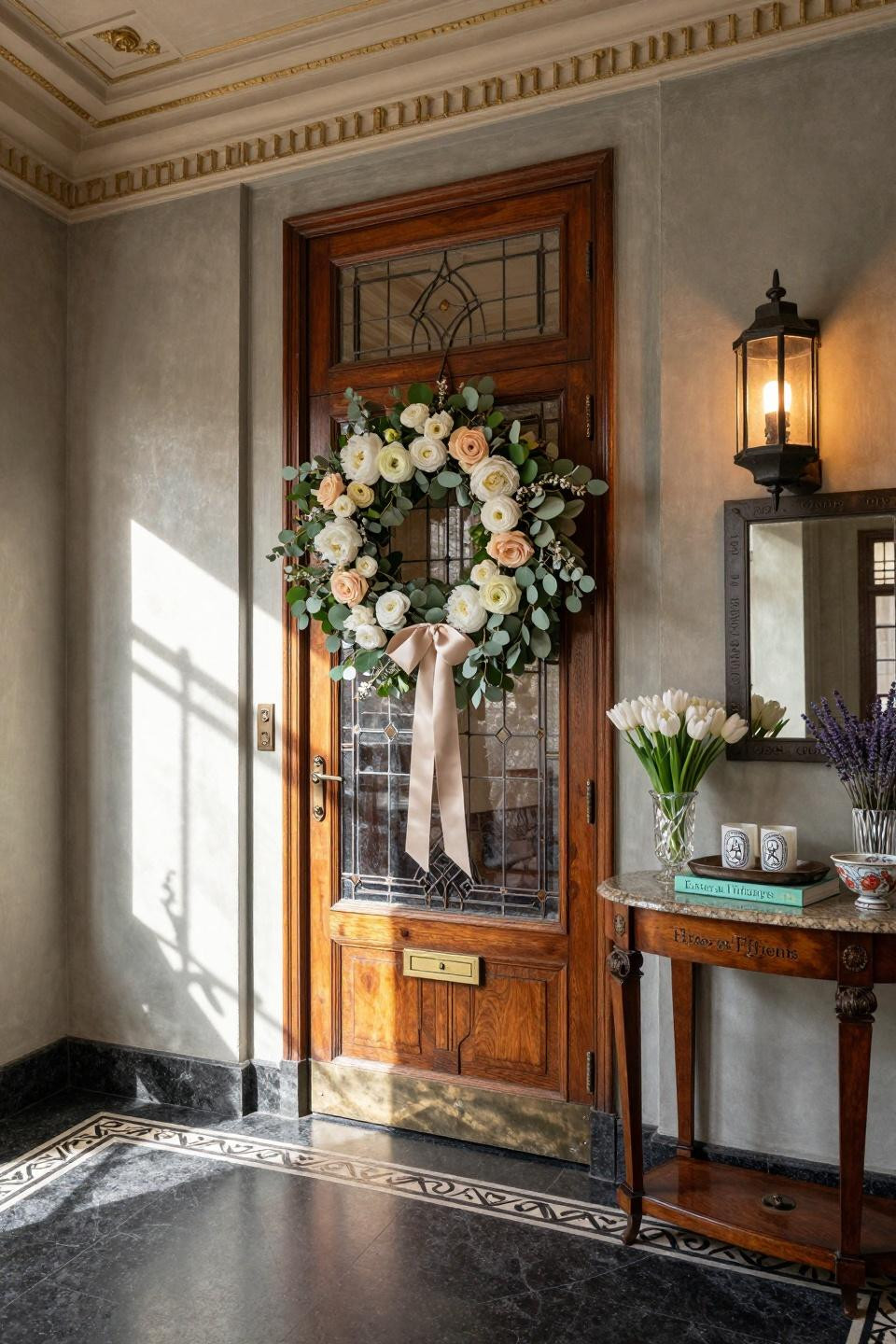 Easter wreaths for front door with eucalyptus and ranunculus on carved mahogany door