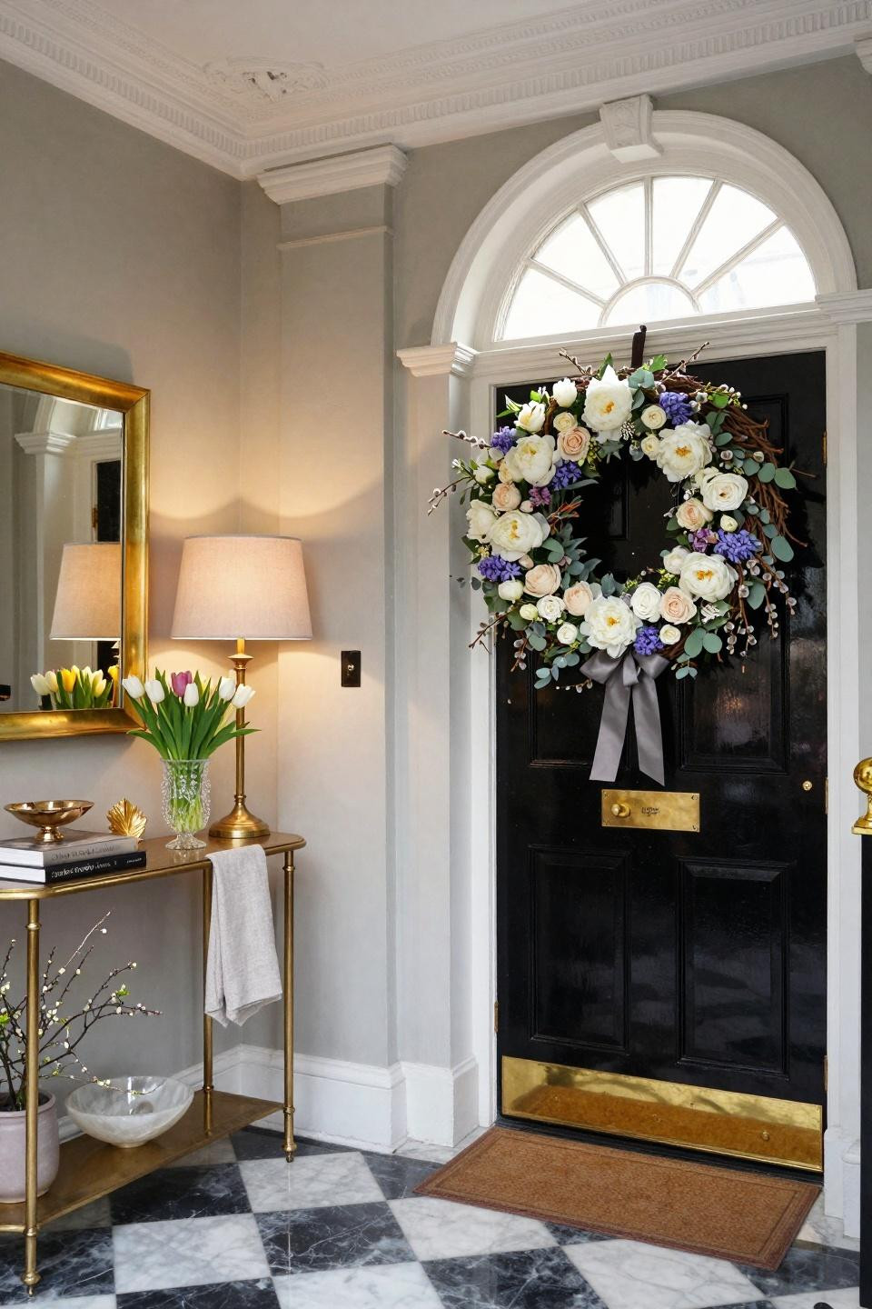 Easter wreaths for front door with white peonies and garden roses on black lacquered Georgian door