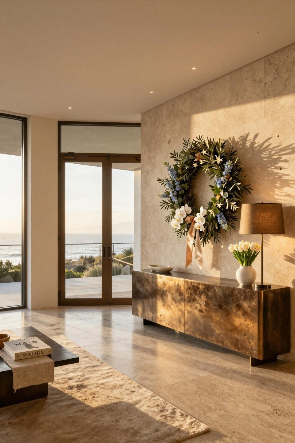 Easter wreaths for front door featuring white phalaenopsis orchids and olive branches on travertine wall