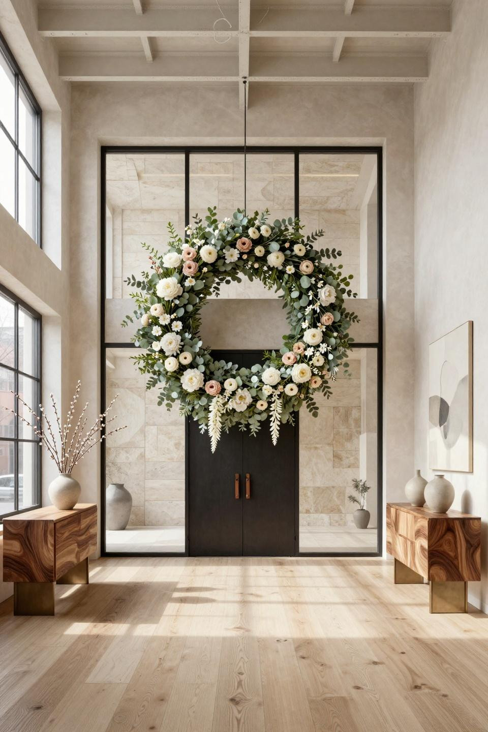 Easter wreaths for front door with sculptural eucalyptus and preserved peonies on limestone feature wall