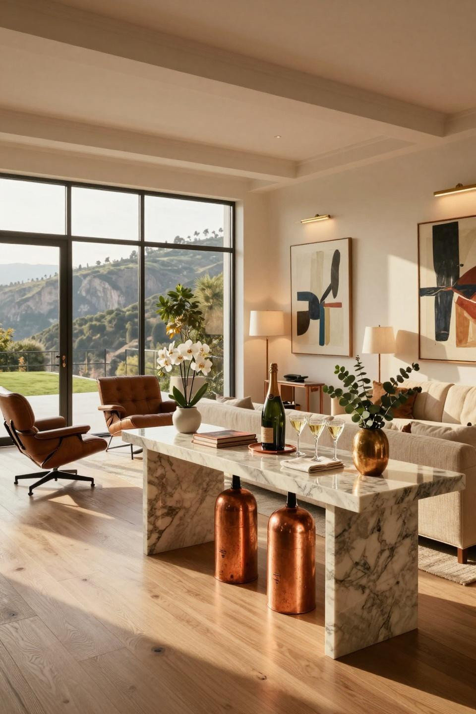 Graduation open house ideas with Taj Mahal quartzite waterfall console in Beverly Hills estate