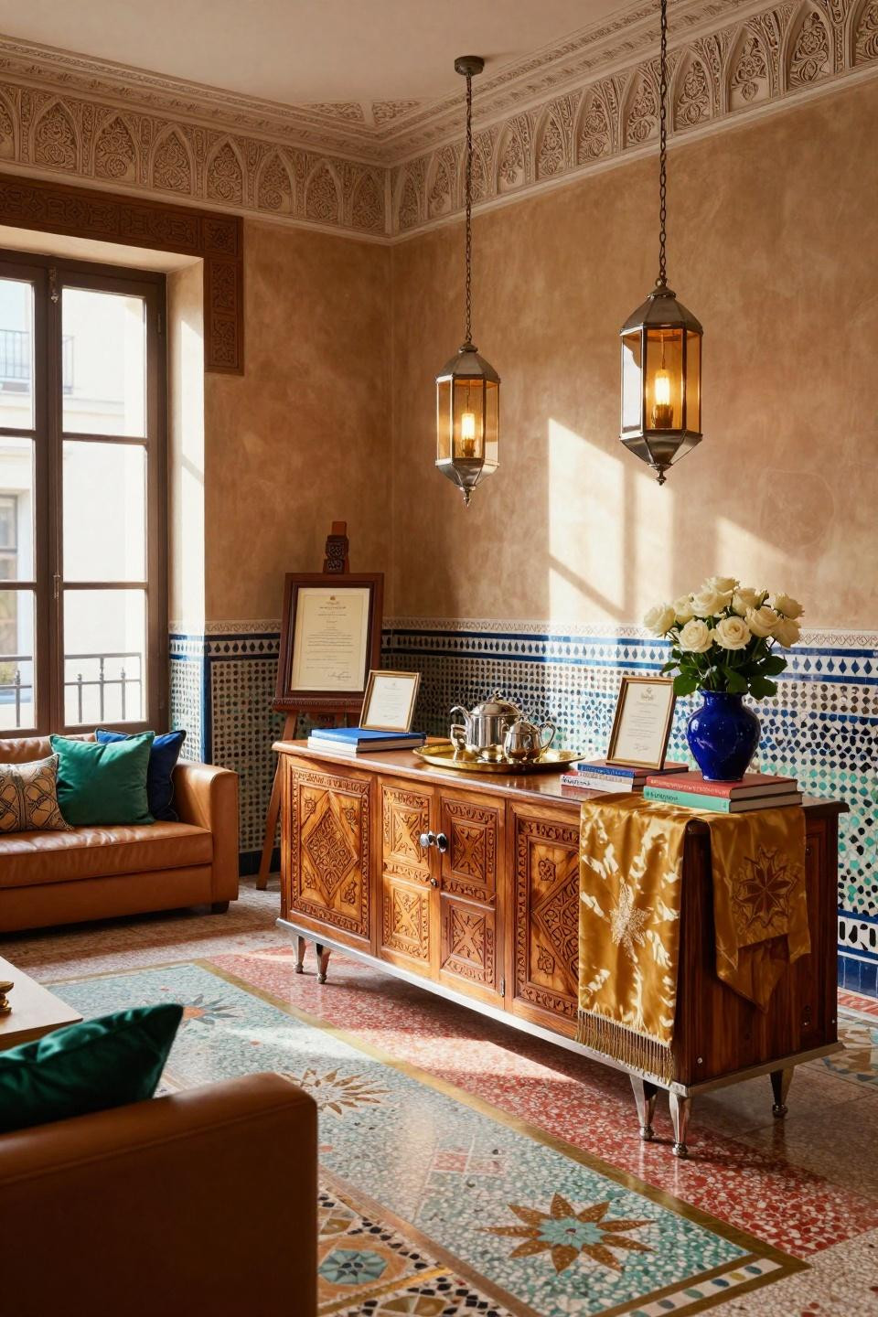 Senior serve table ideas with honed Pietra Cardosa stone and cognac leather console