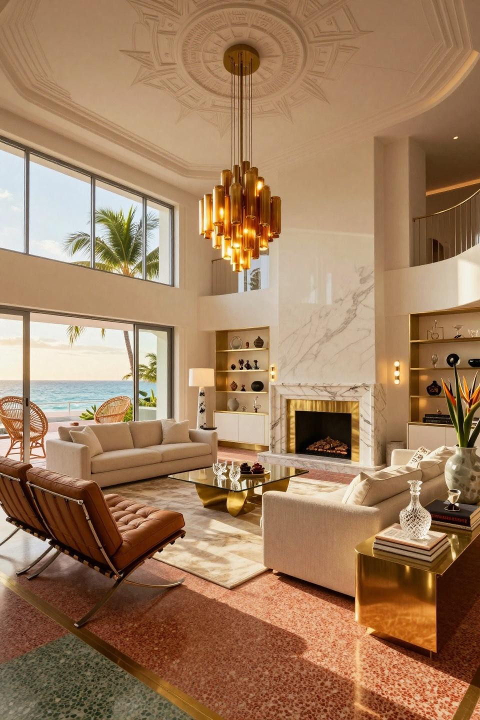 School open house ideas with Calacatta Gold marble fireplace in Miami Art Deco villa