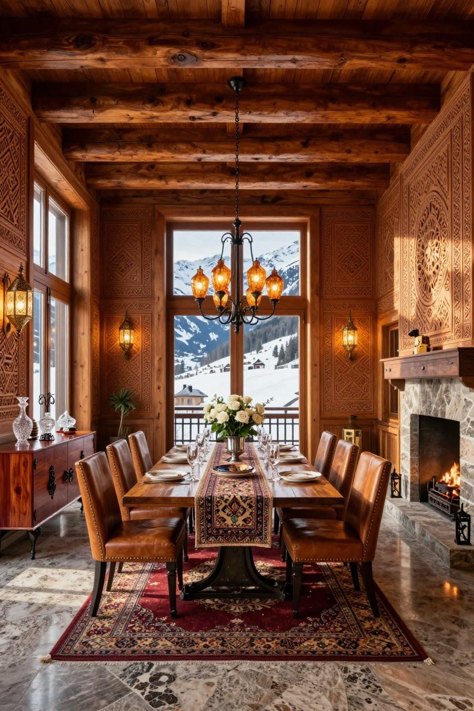 Senior serve table ideas with museum-quality mahogany dining table in Gstaad chalet