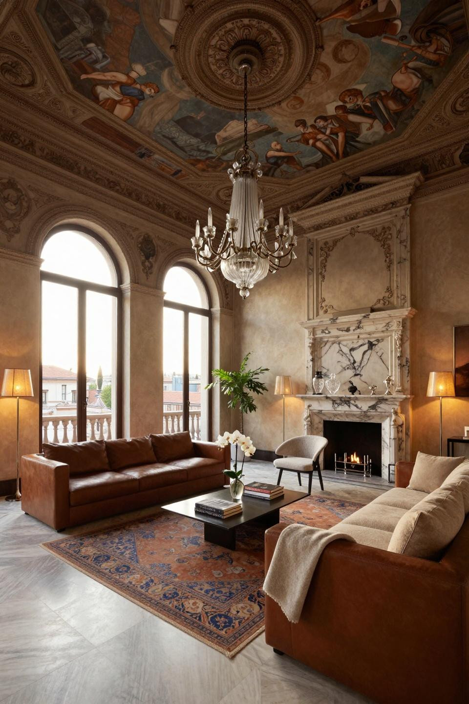 Open house party ideas featuring Baroque Carrara marble fireplace in Milanese palazzo
