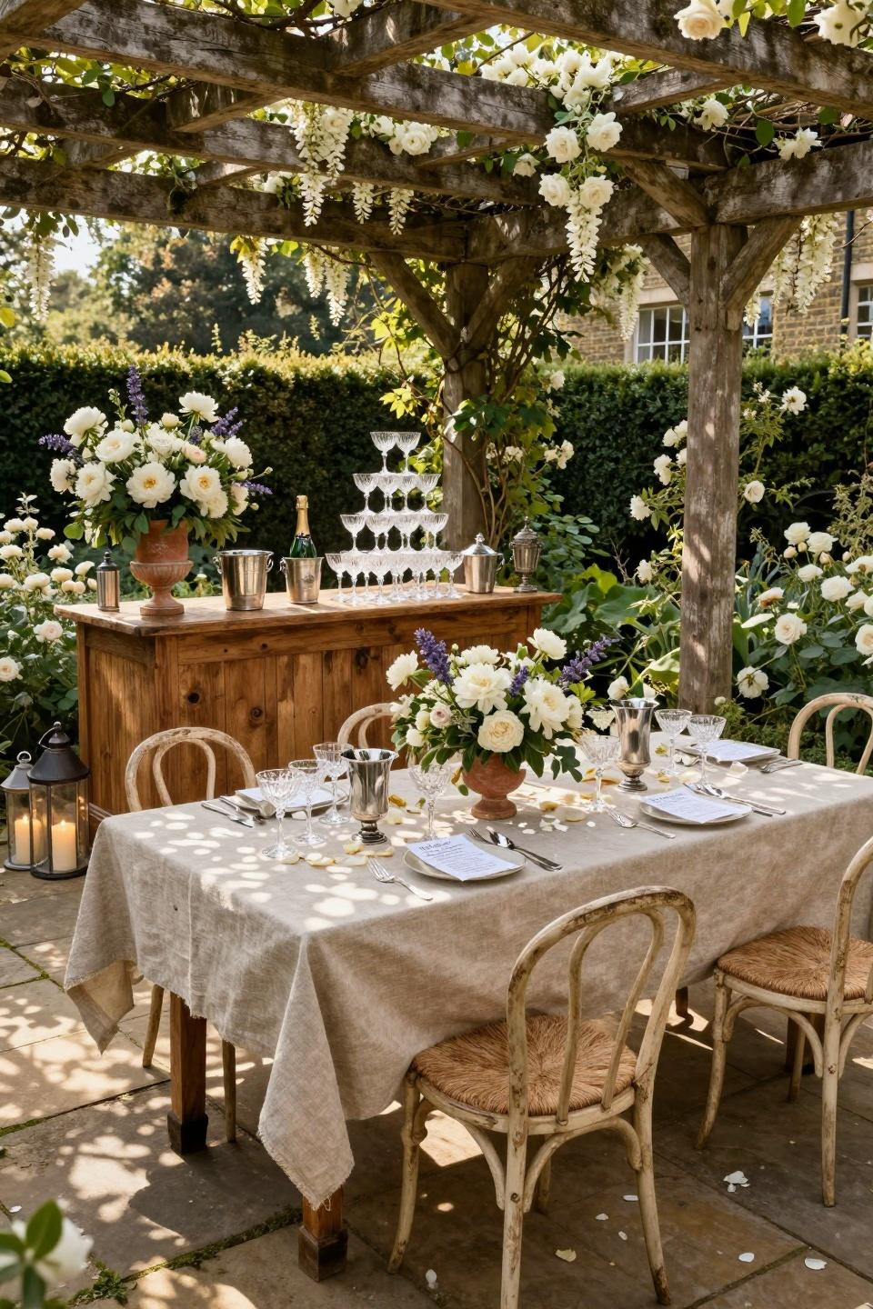Adult graduation party ideas with vintage English oak farm table and champagne service