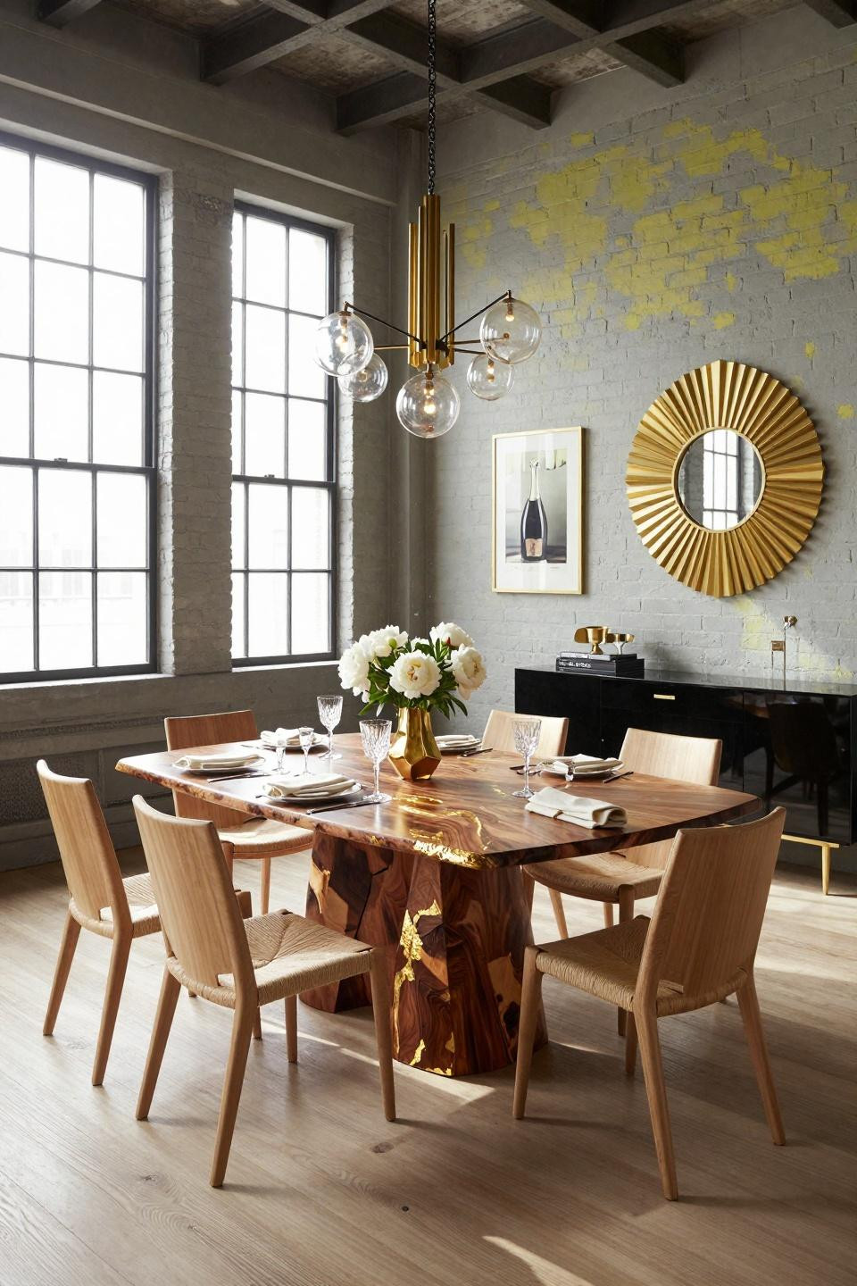 Graduation open house food displayed on book-matched walnut burl table with gold leaf inlay