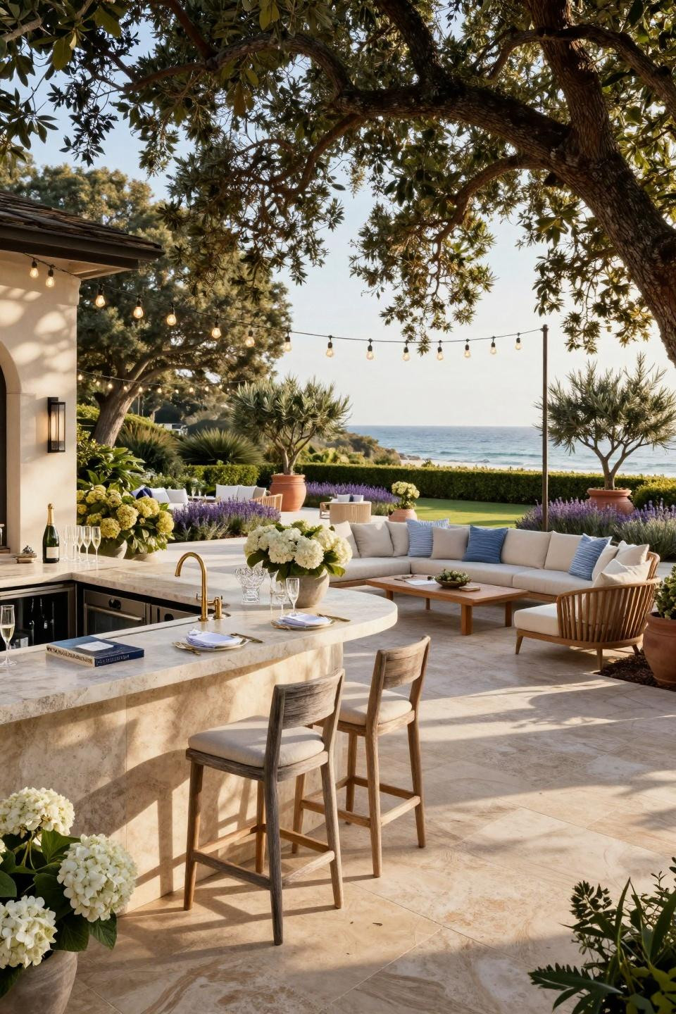 At home graduation party ideas with French limestone outdoor bar and Edison bulb string lighting