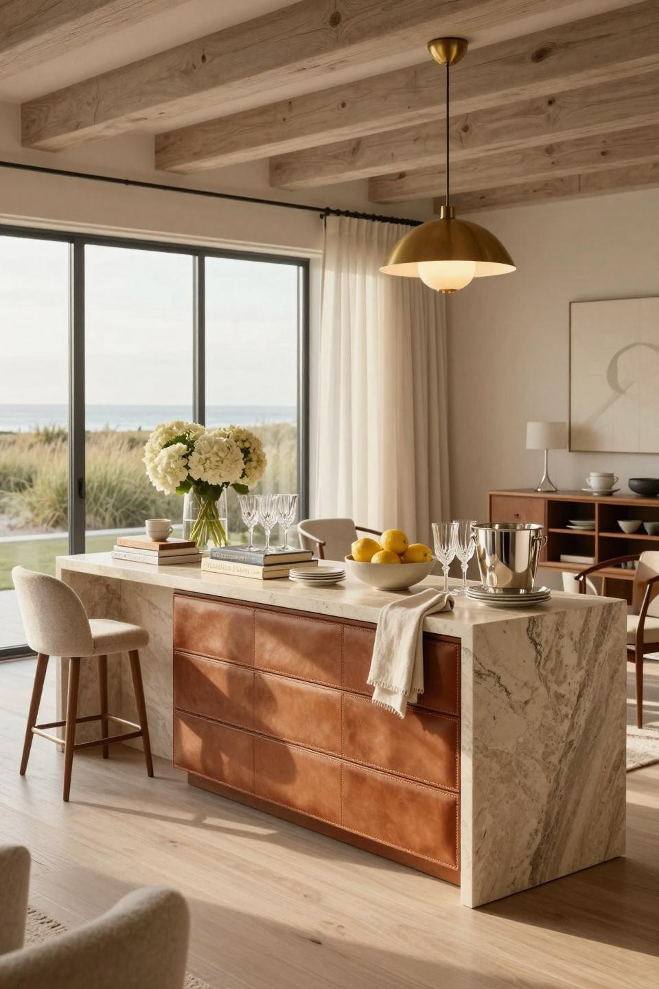 Senior events ideas featuring honed Pietra Cardosa stone refreshment console with cognac leather