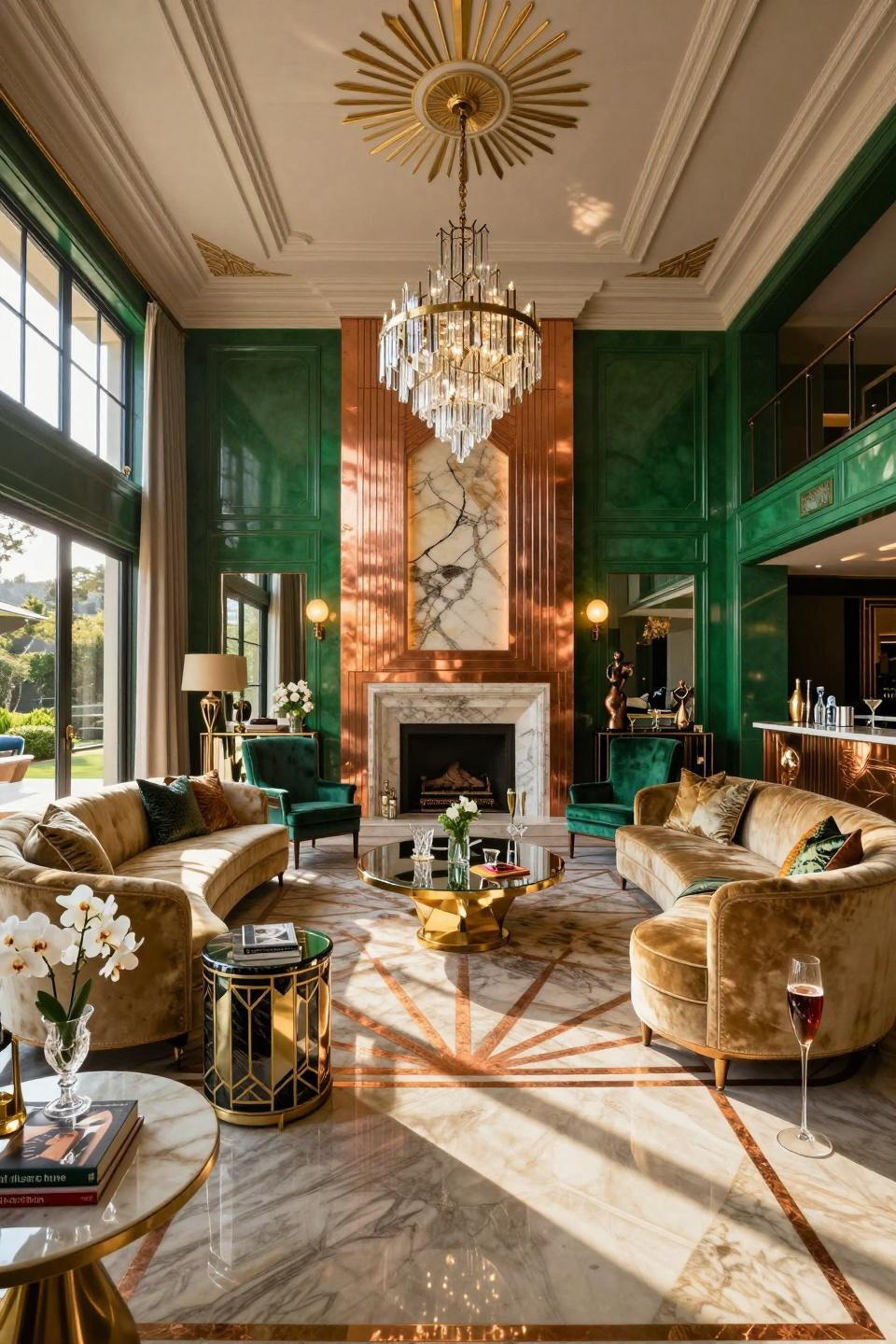 Open house decorations with custom copper and quartzite fireplace in Beverly Hills estate living room
