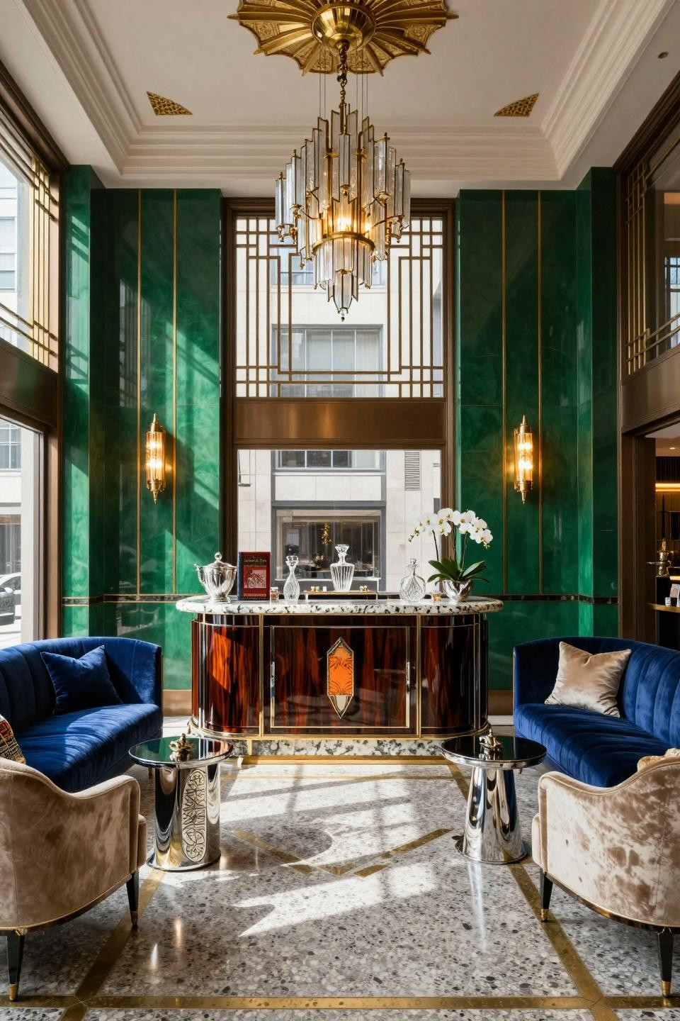 Open house ideas for seniors featuring Art Deco macassar ebony bar cabinet with terrazzo countertop and Baccarat crystal