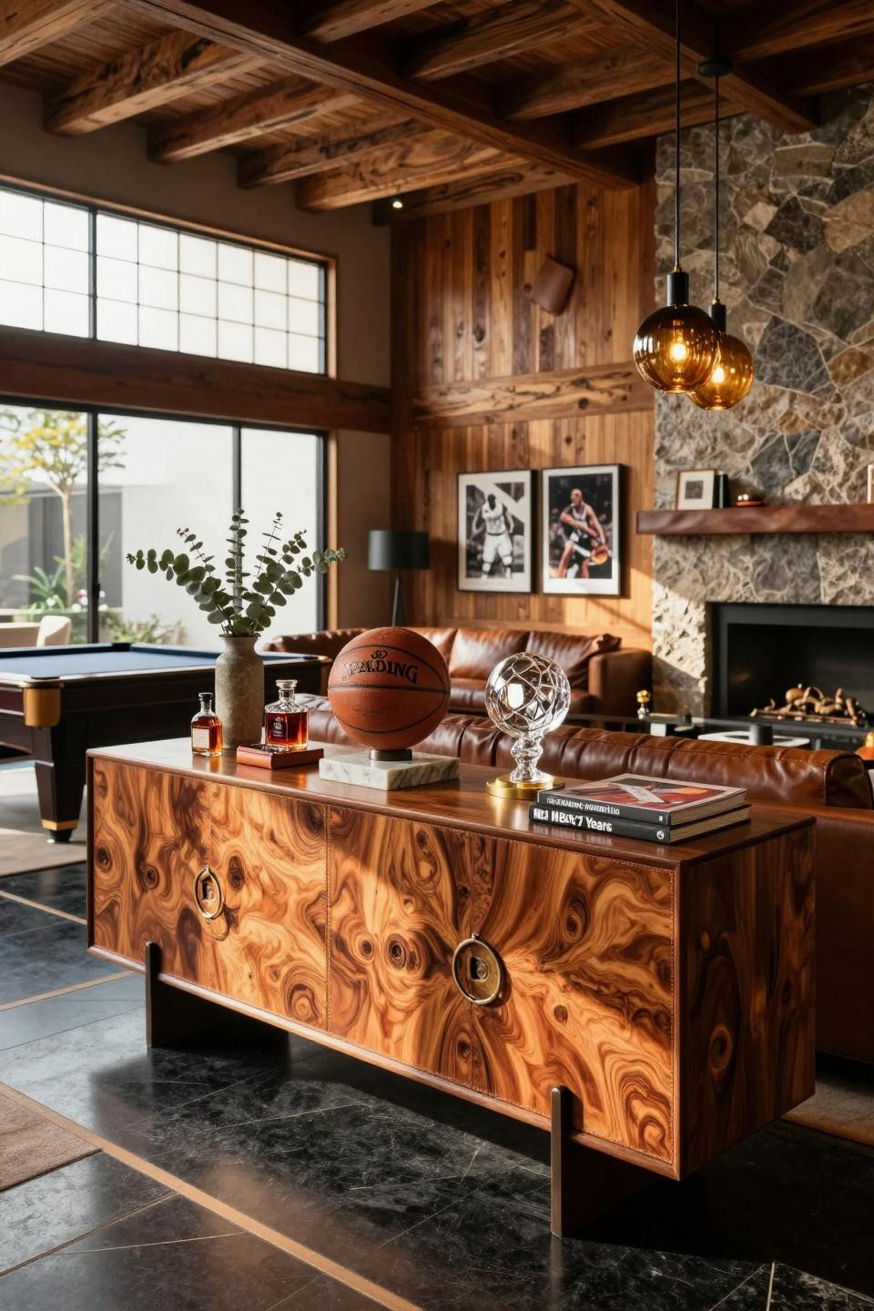 Basketball centerpiece ideas featuring Holly Hunt walnut burl console with vintage Spalding leather basketball and Baccarat crystal trophy