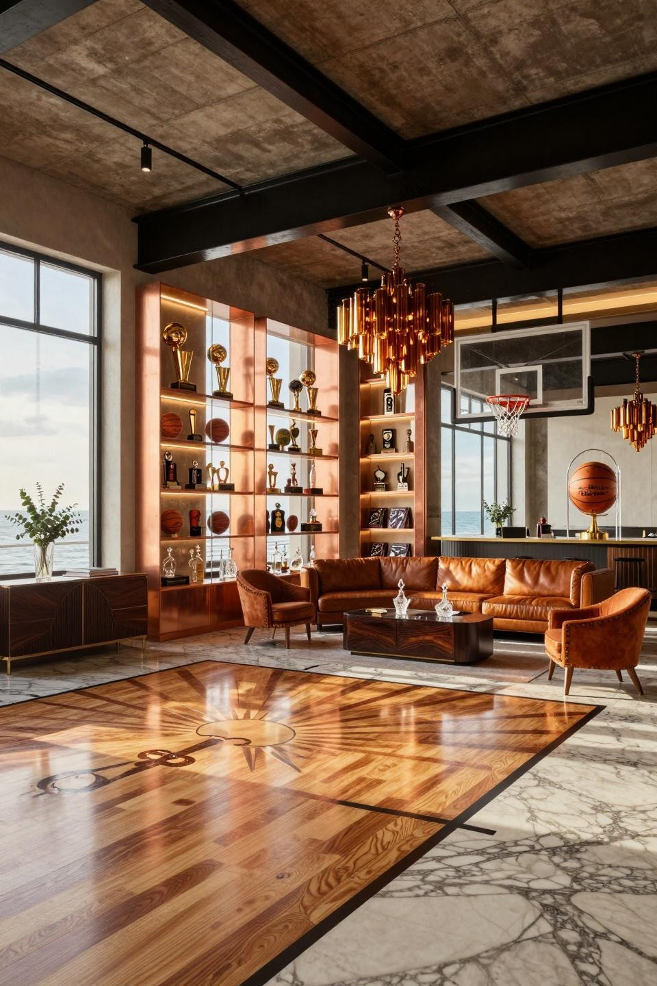 Basketball centerpiece ideas with floor-to-ceiling brushed copper trophy cases and maple court with Art Deco sunburst design