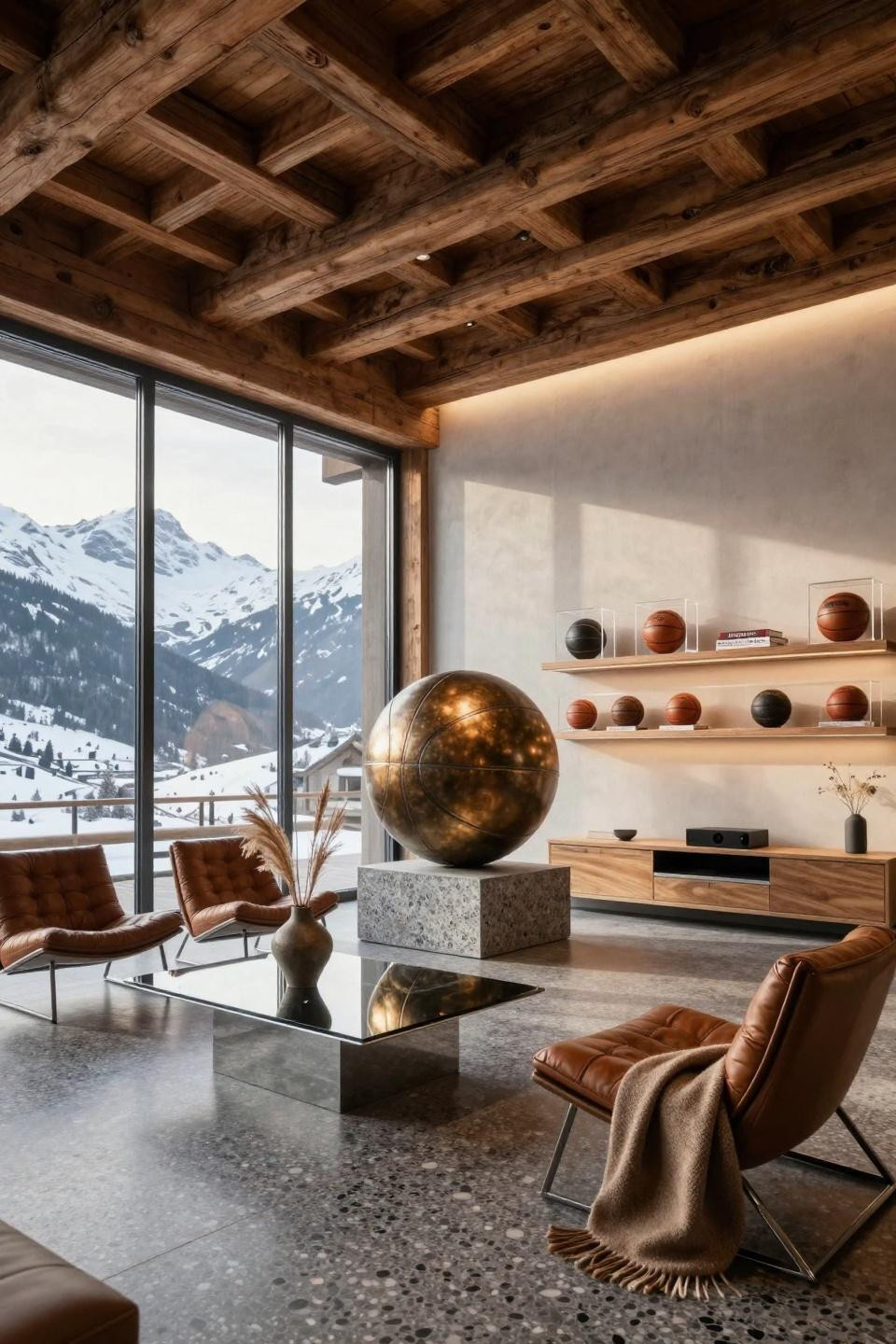 Basketball centerpiece ideas featuring museum-quality bronze sphere with leather panels on terrazzo pedestal in Swiss Alpine setting