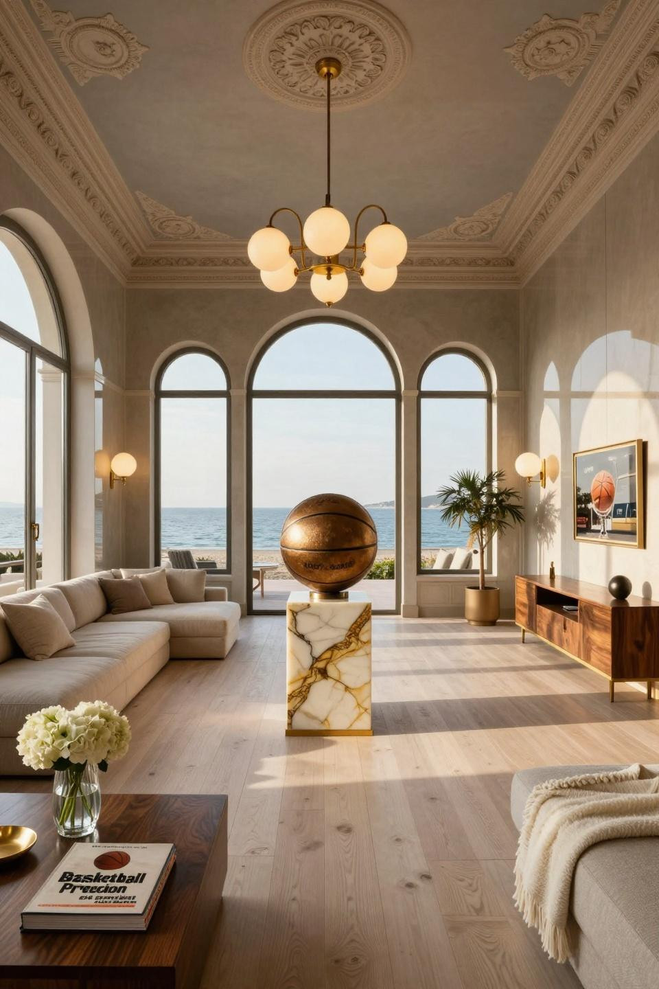 Basketball centerpiece ideas with custom bronze basketball sculpture on book-matched Calacatta Gold marble pedestal