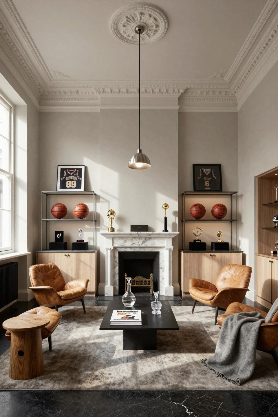 Basketball centerpiece ideas featuring floating glass shelves in gun-metal steel with archival shadow boxes on Absolute Black granite
