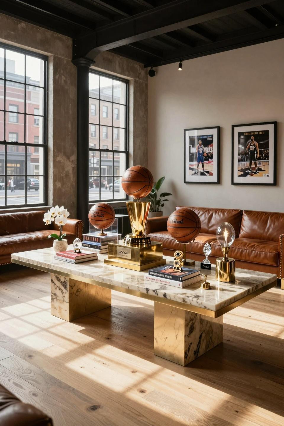 Basketball centerpiece ideas featuring book-matched French limestone table with polished nickel championship trophy display
