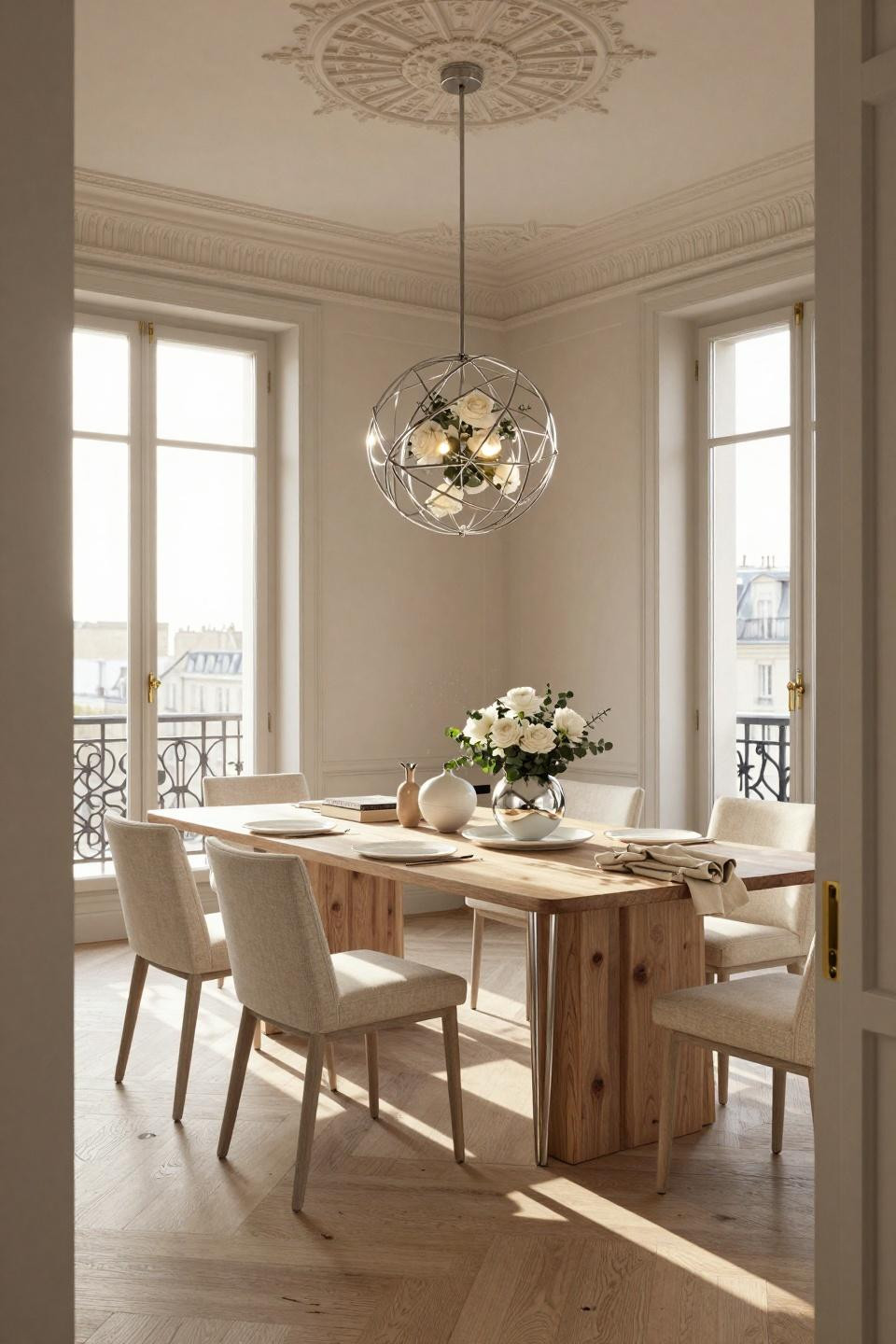 Basketball centerpiece ideas with geometric platinum wire sculptures and preserved roses on bleached ash table