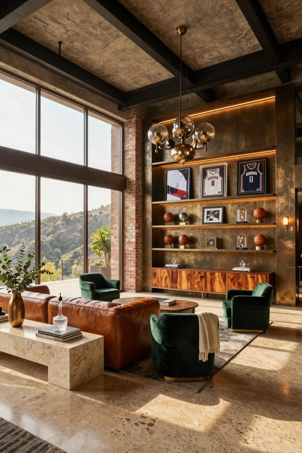 Basketball centerpiece ideas with aged bronze floating shelves and championship ring glass domes