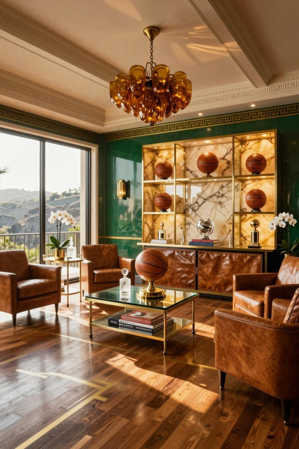 Basketball centerpiece ideas featuring Kelly Wearstler console with rotating sculpture and brass shadow boxes
