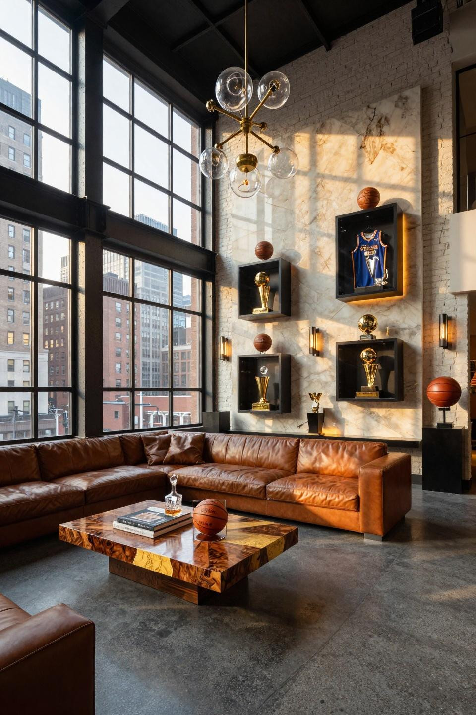 Basketball centerpiece ideas with backlit onyx panels and 24k gold-plated trophy displays