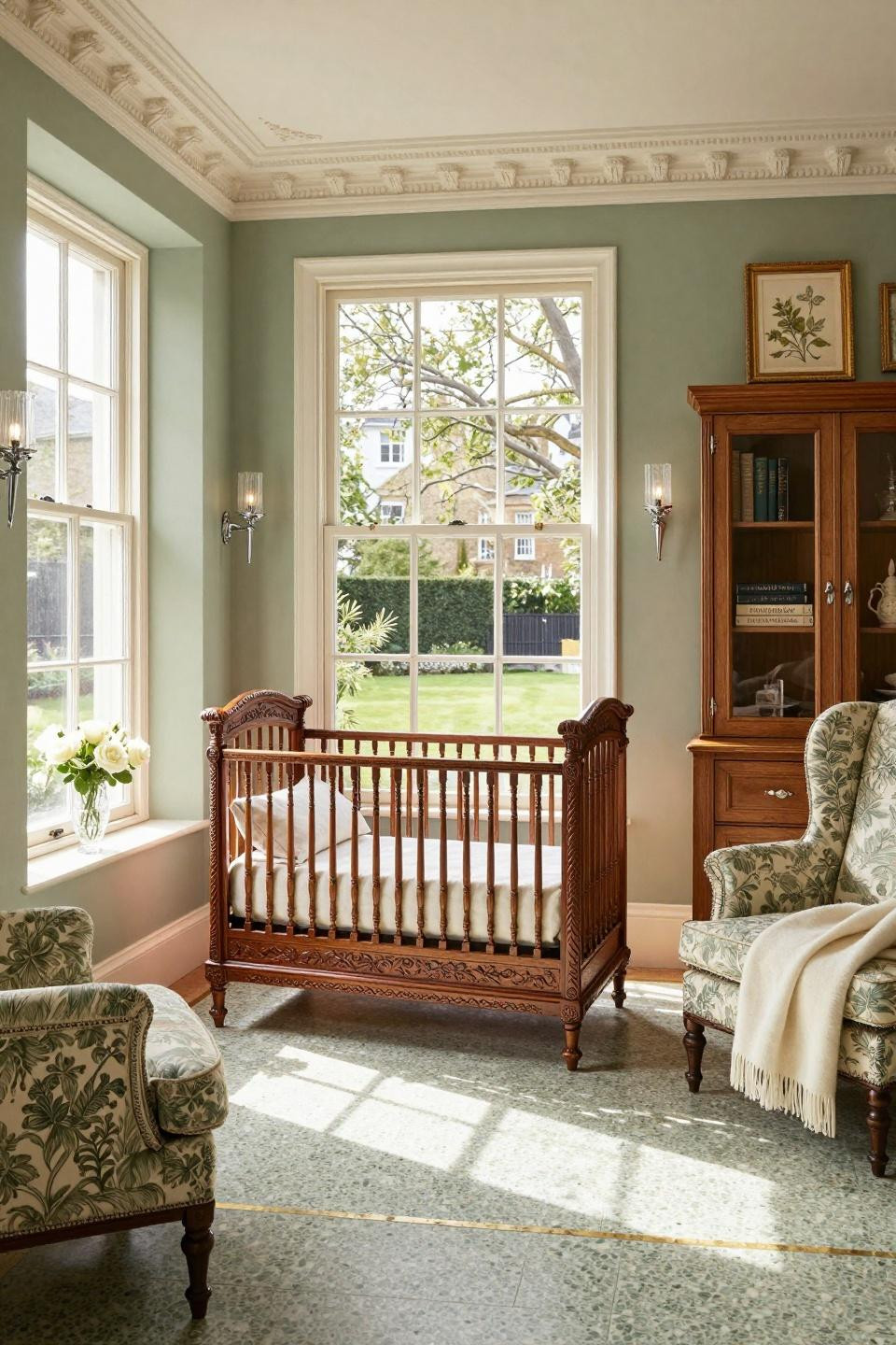 Kensington nursery with custom hand-carved oak crib