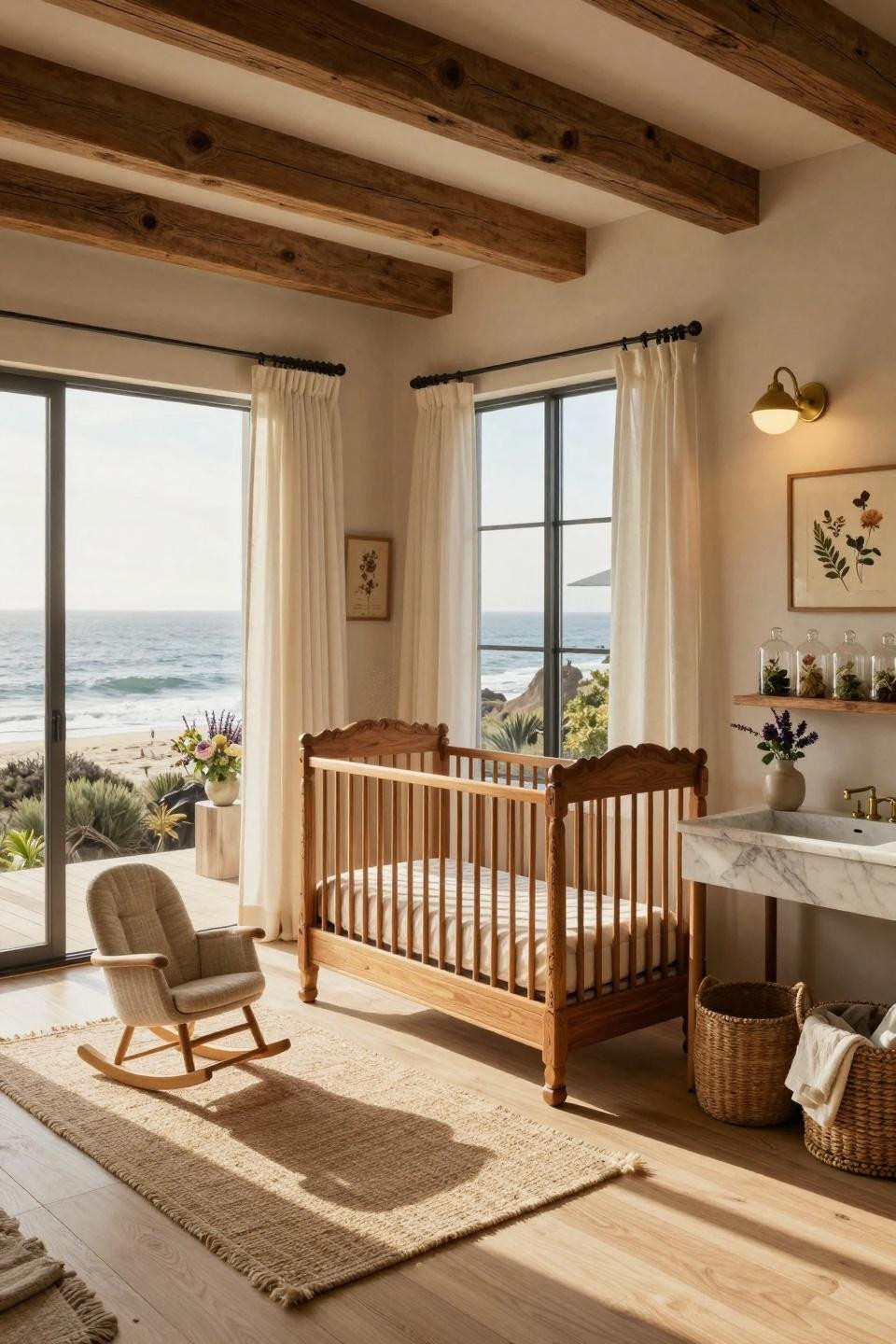 Malibu nursery with custom de Gournay wallpaper and ocean views
