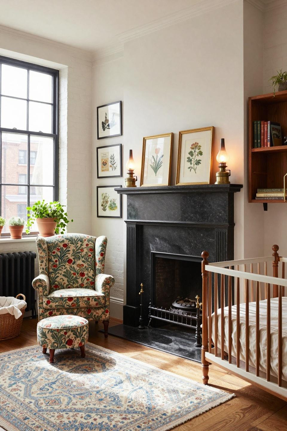Tribeca loft nursery with granite fireplace and botanical prints