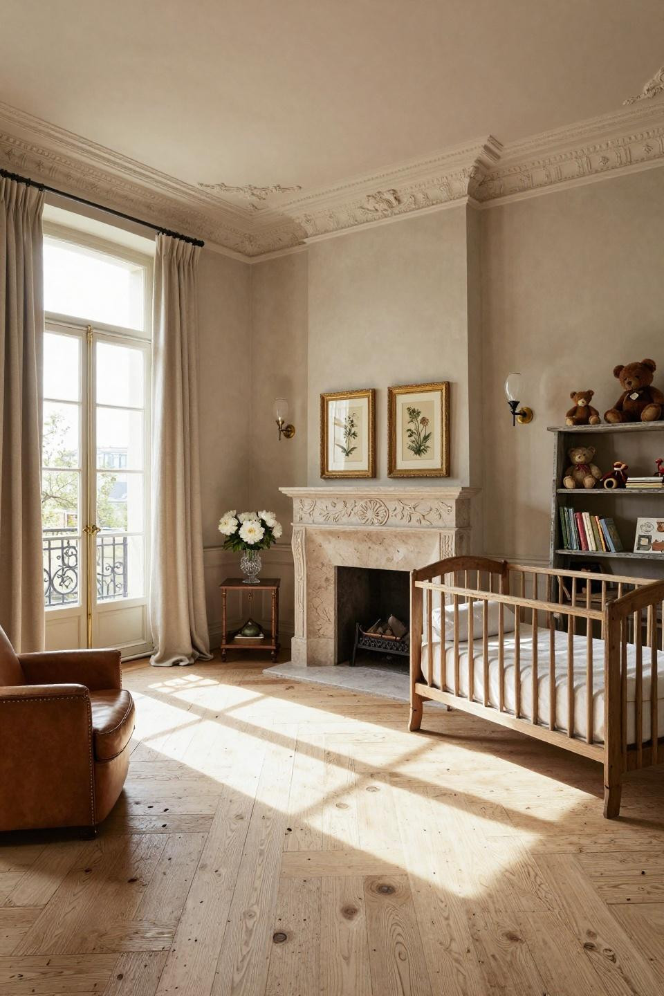 Parisian nursery with hand-carved limestone fireplace