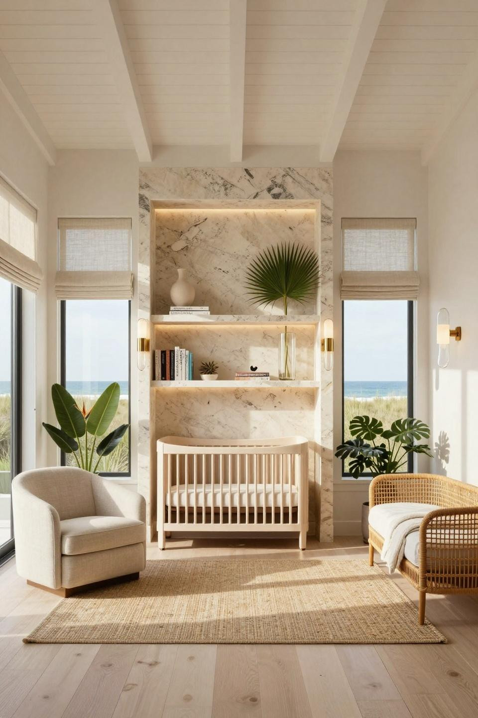 Hamptons nursery with custom limestone wall and integrated shelving