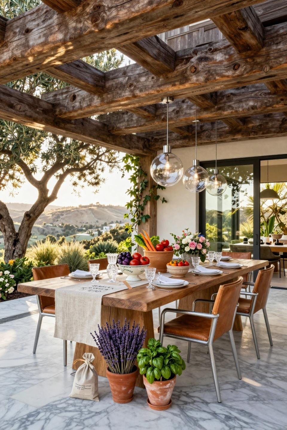 Beverly Hills estate pavilion with weathered oak farm table