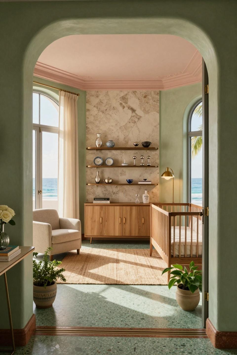 Art Deco nursery with travertine wall and botanical styling