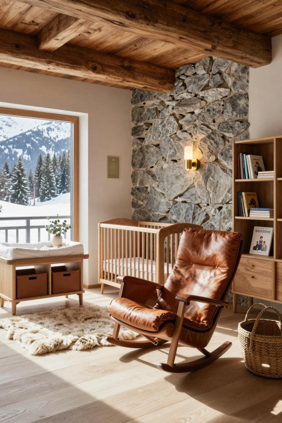 Alpine nursery with custom leather rocking chair and walnut crib