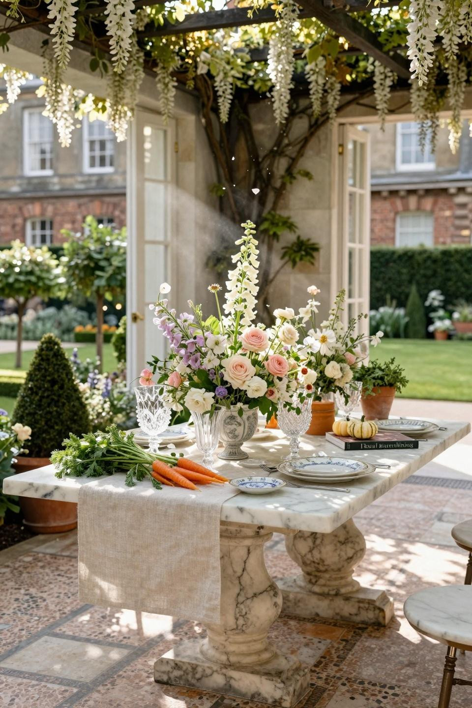 Wildflower baby shower with custom floral installation and marble table