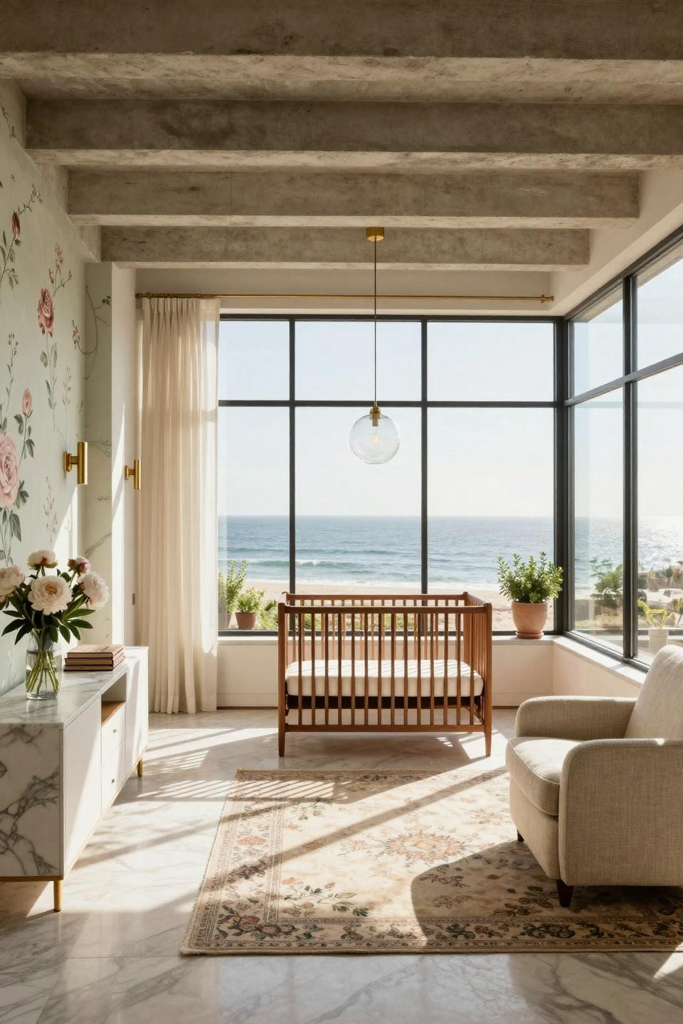 Home grown nursery with Calacatta marble and hand-painted wallcovering