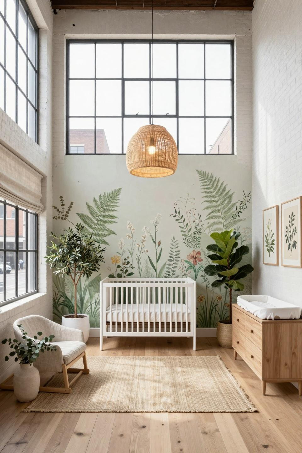 Grown with love nursery featuring hand-painted botanical wallpaper