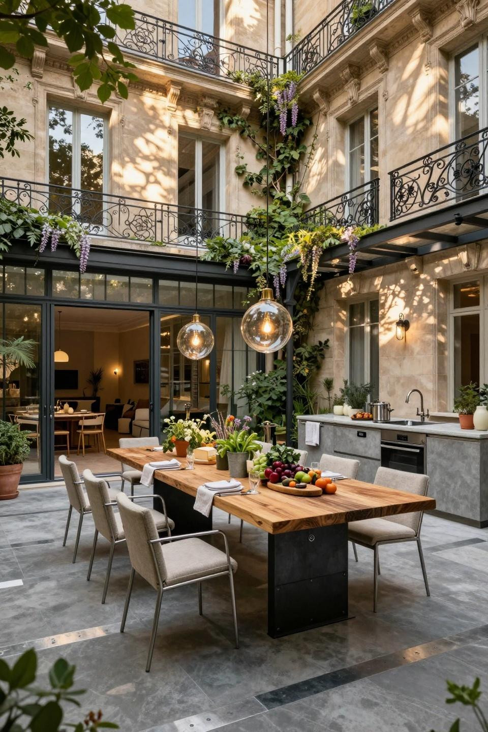 Farmers market bridal shower in Parisian courtyard with reclaimed wood table