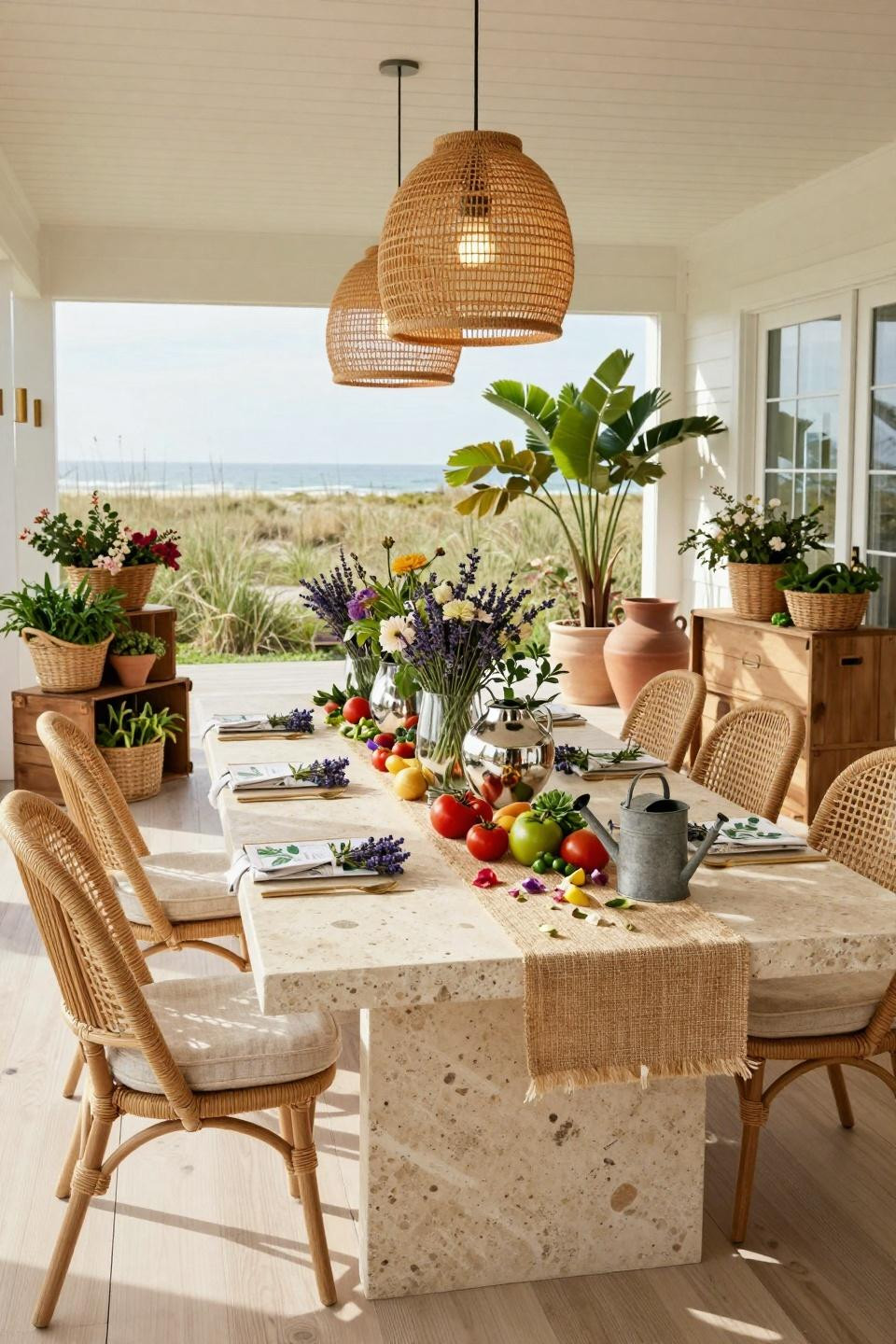 Little sprout baby shower with limestone farm table and botanical centerpiece