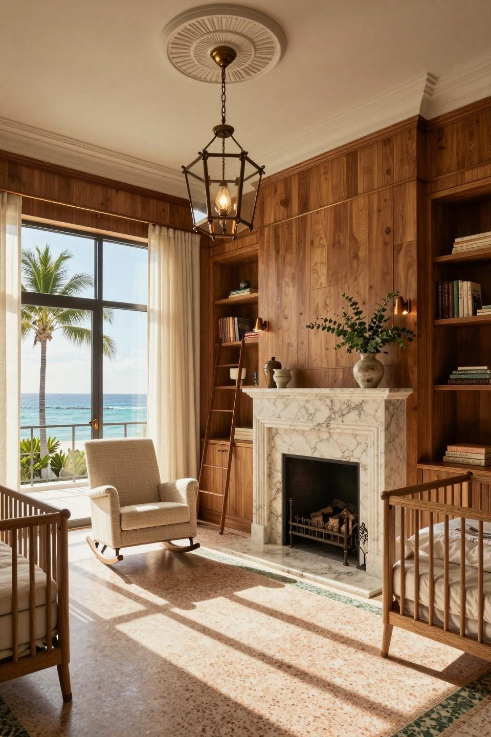 Farmers market themed celebration with travertine fireplace and bronze details