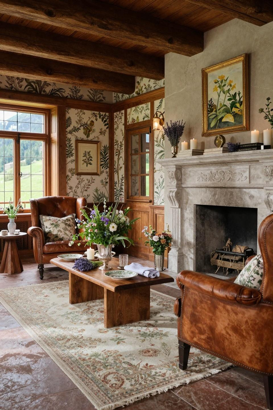 Garden themed baby shower with limestone fireplace and botanical chintz