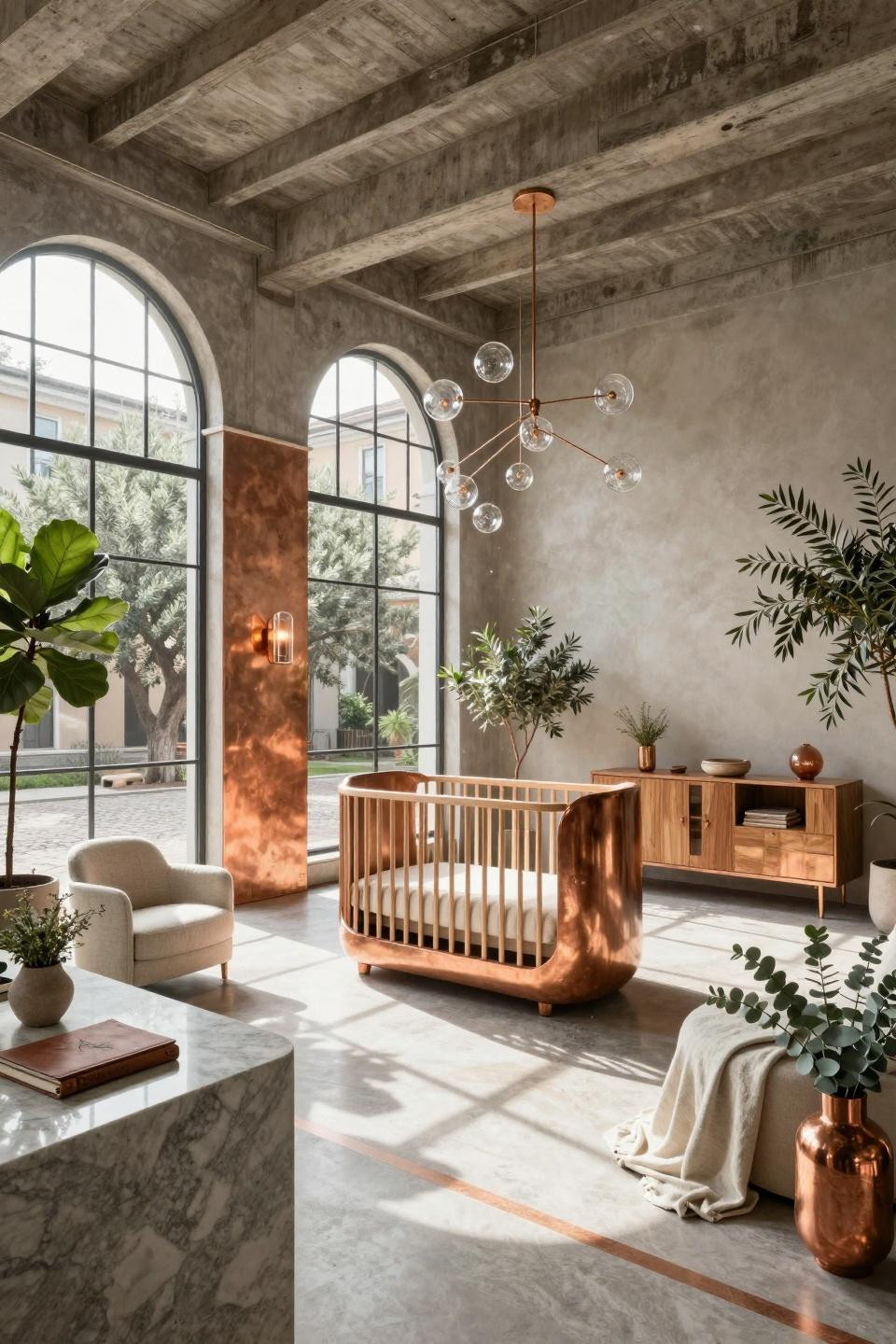 Locally grown baby shower theme nursery with copper fixtures and quartzite flooring
