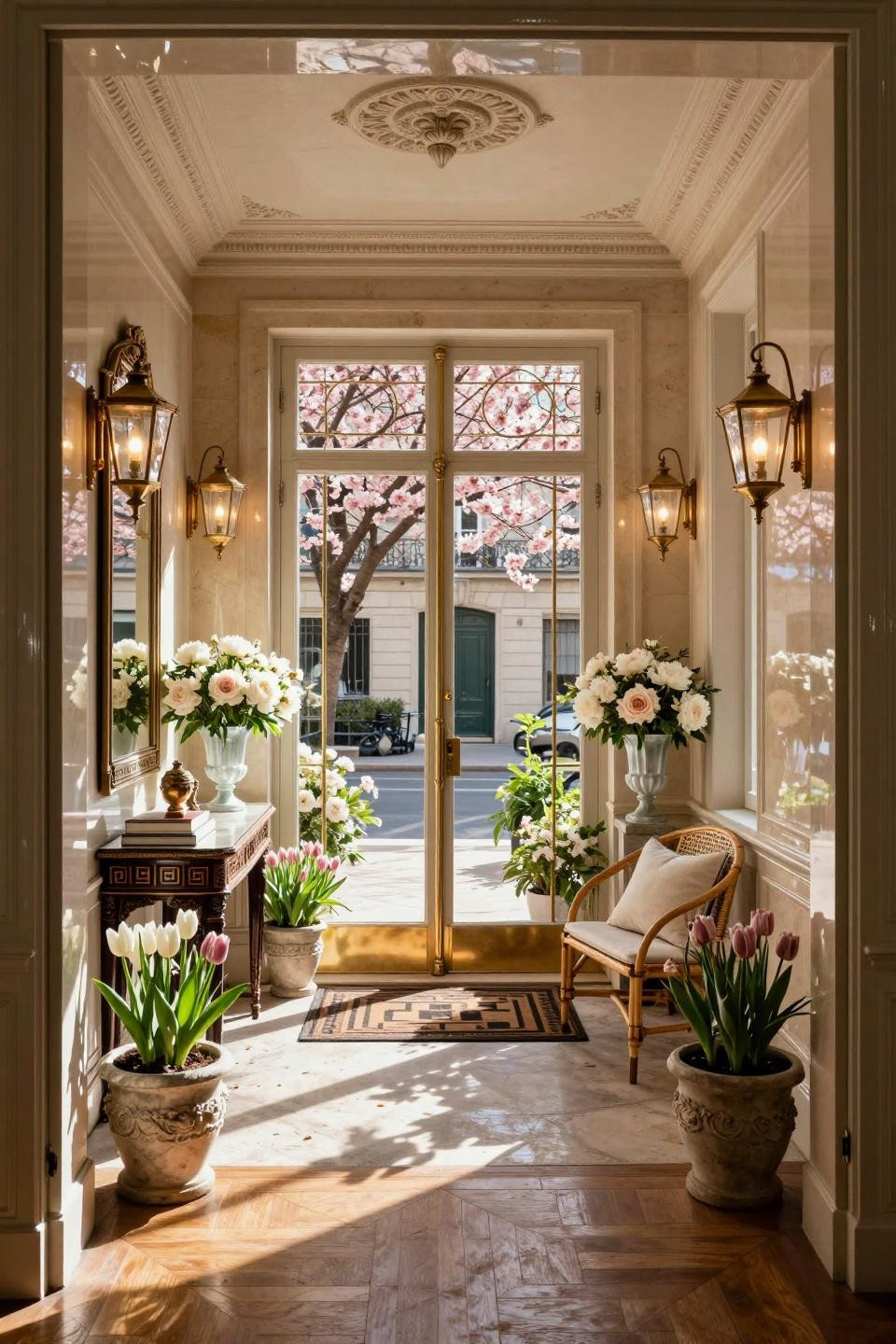 Spring front door decor with oversized Baccarat crystal urns and Jonathan Adler lacquer