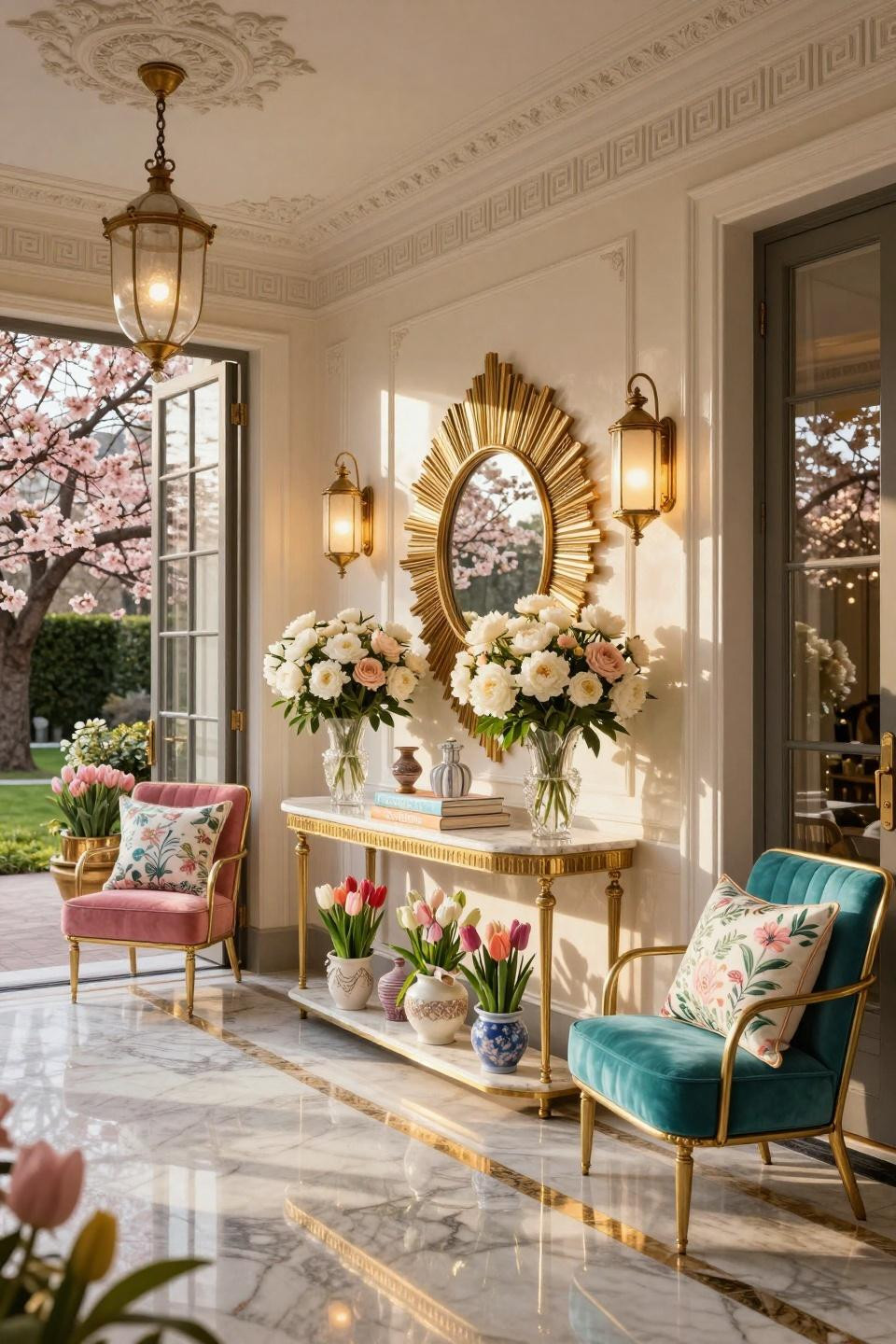 Spring front door decor with Baccarat crystal vases and Jonathan Adler furniture