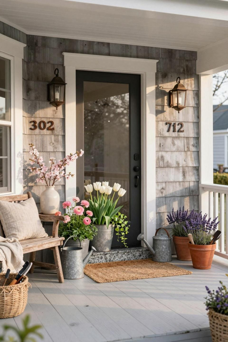 Spring front door decor with vintage iron planters and weathered wooden bench