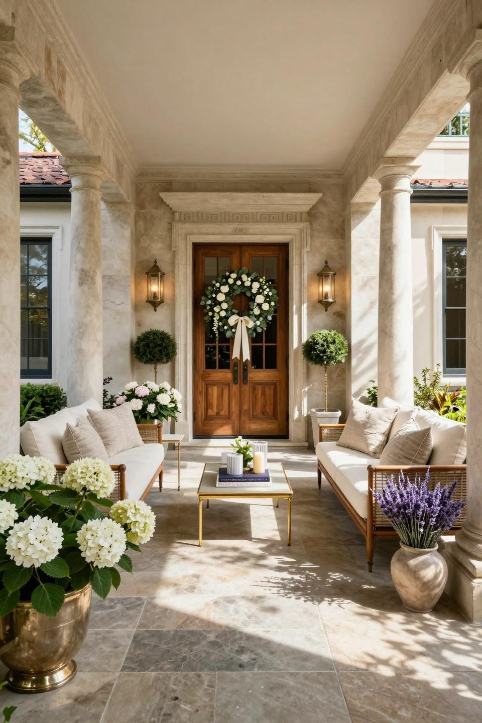 Summer front porch decor with Restoration Hardware Antibes teak furniture