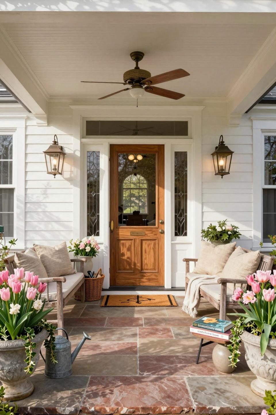Easter front porch decorations with limestone planters and weathered teak furniture