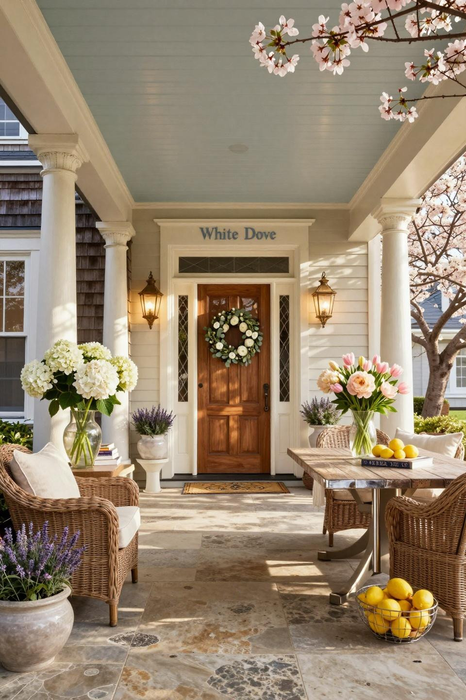 Front porch ideas spring with oversized hurricane vases and mahogany door