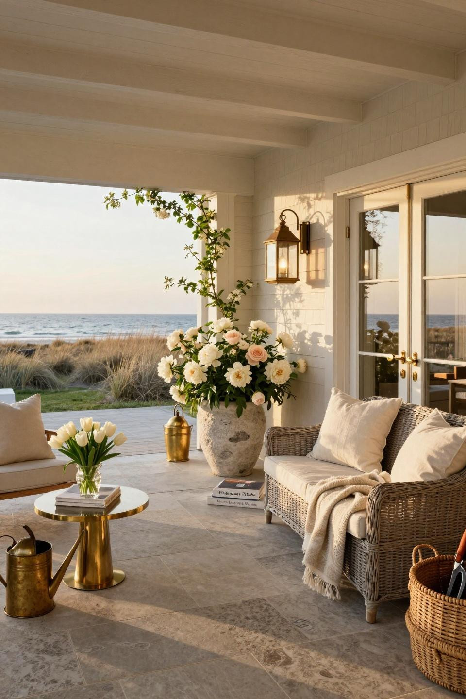 Spring outdoor decor with honed French limestone flooring and brass lanterns